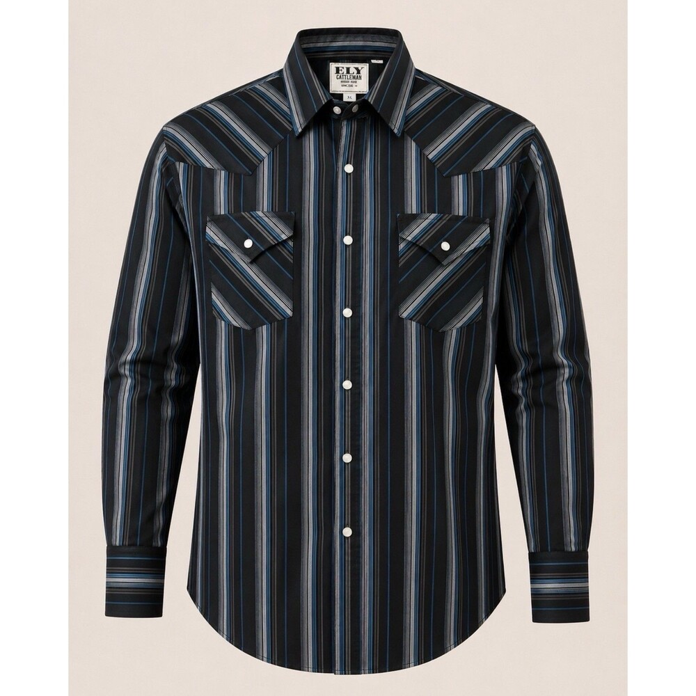 ELY Cattleman XL Pearl Snap Western Shirt Black Blue Stripe Cowboy Ranch Rodeo
